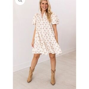 Southern Grace Dress XS Horse Print Short Puff‎ Sleeve Tiered Button Down